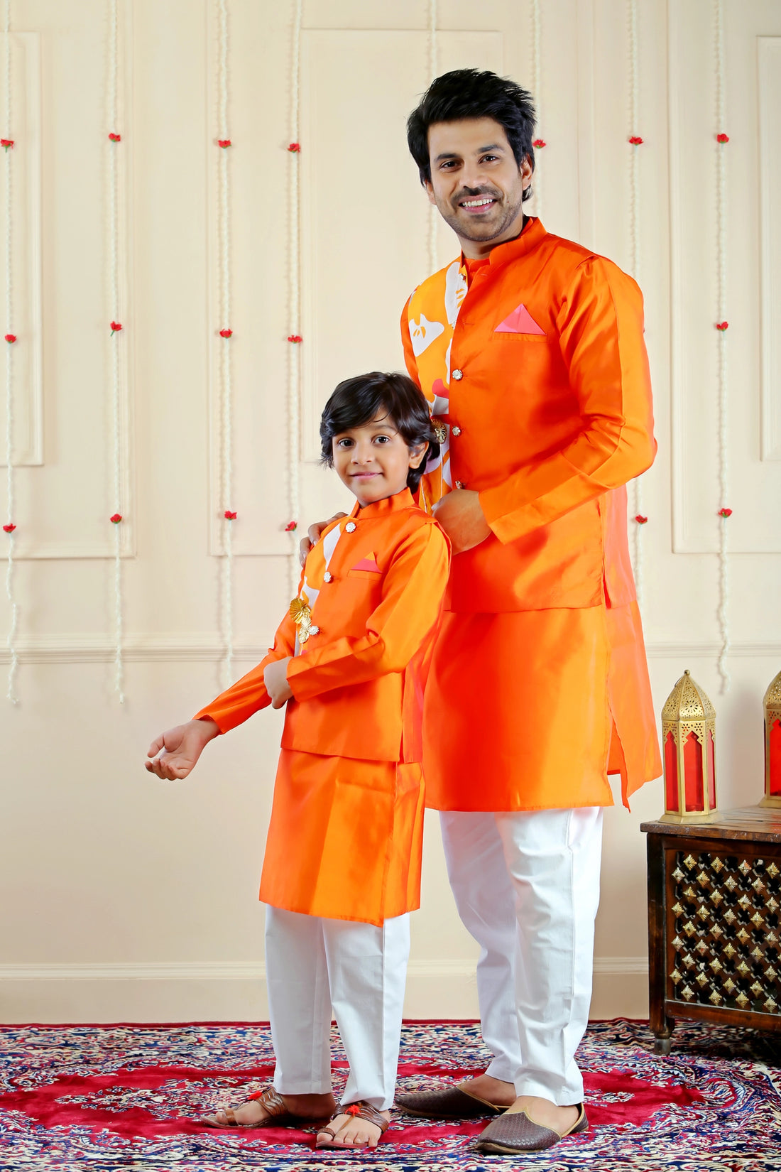 Stylish Orange and White Kurta Pyjama with Matching  Jacket ( Father & Son Twin Set )