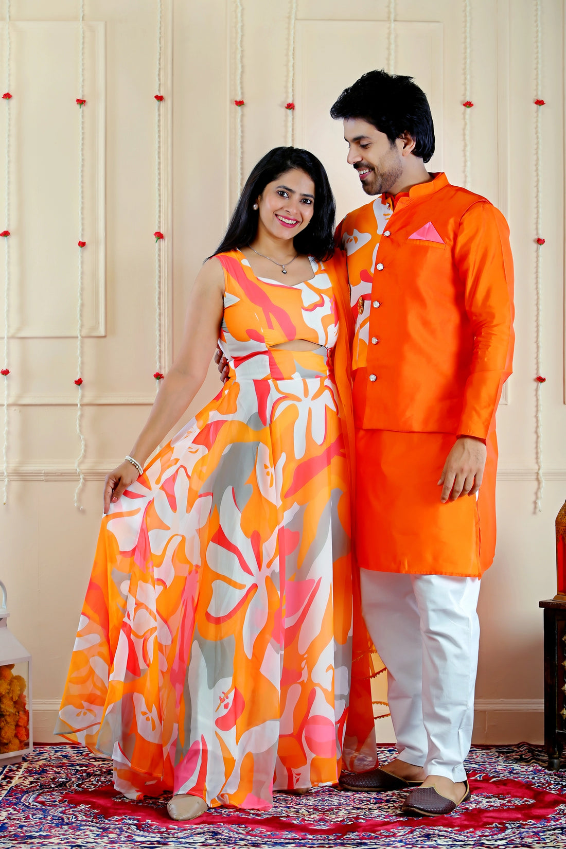 Stylish Orange and White Multifloral Gown with Matching Kurta Pyjama and Jacket ( Family Twin Set )