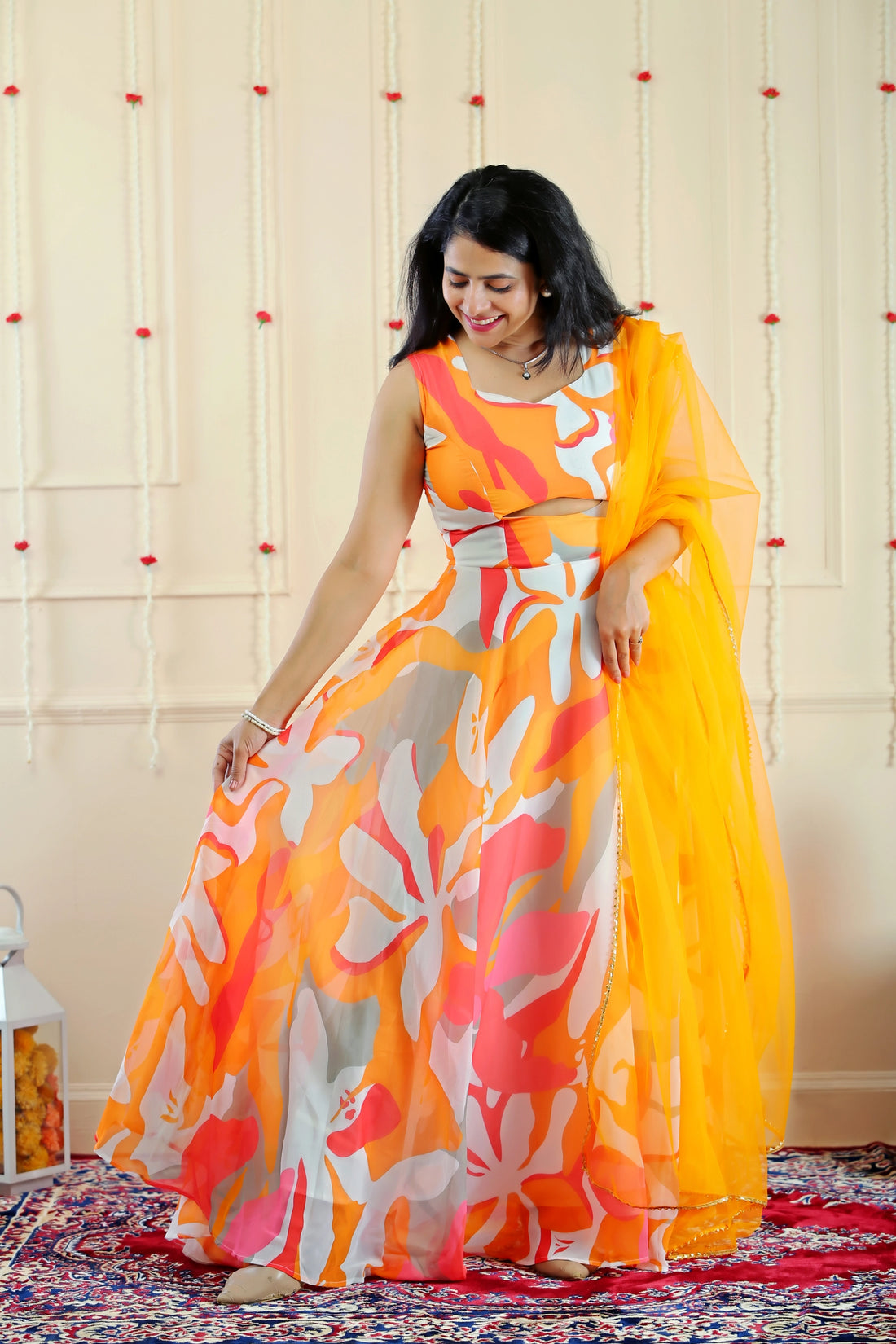 Stylish Orange and White Multifloral Gown with Matching Kurta Pyjama and Jacket ( Couple Twin Set )