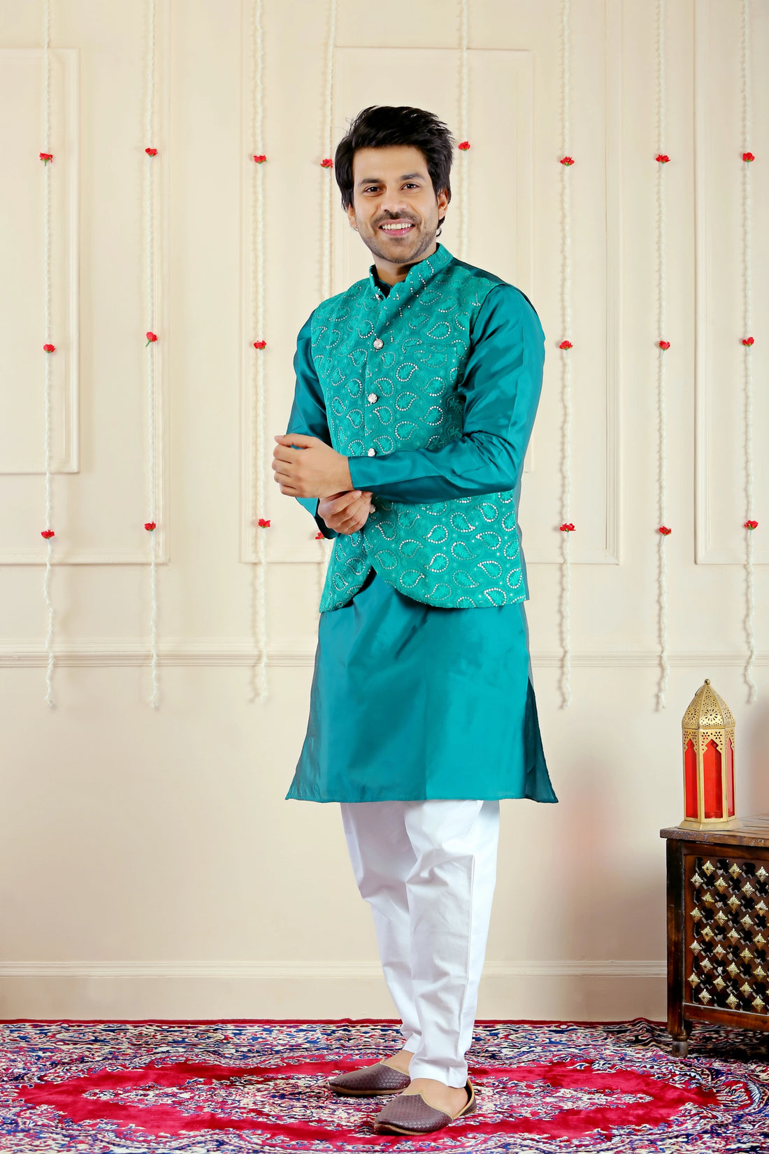 Blue Sequins Jacket with Matching Kurta Pyjama For Men