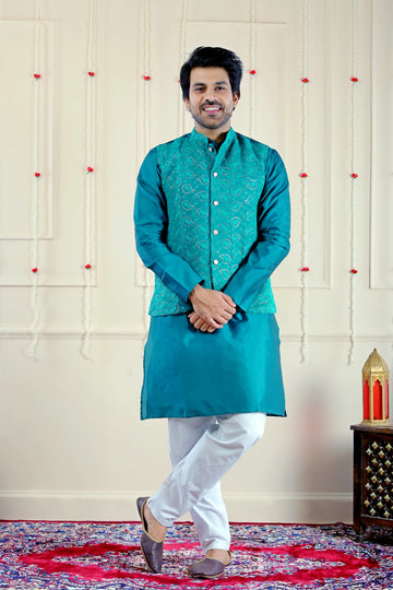 Blue Sequins Jacket with Matching Kurta Pyjama For Men