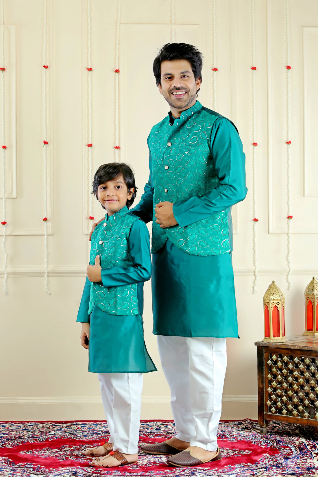 Sky Blue Floral Kurta With Dhoti and Matching Kurta Pyjama with Jacket ( Family Twin Set )