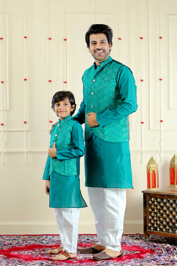 Blue Sequins Jacket with Matching Kurta Pyjama ( Father & Son Twin Set )