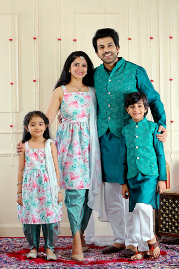 Sky Blue Floral Kurta With Dhoti and Matching Kurta Pyjama with Jacket ( Family Twin Set )