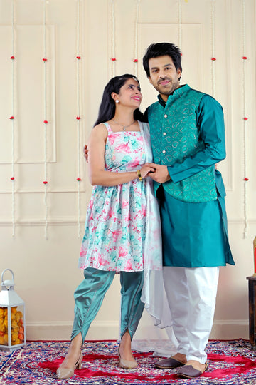 Sky Blue Floral Kurta With Dhoti and Matching Kurta Pyjama with Jacket ( Couple Twin Set )