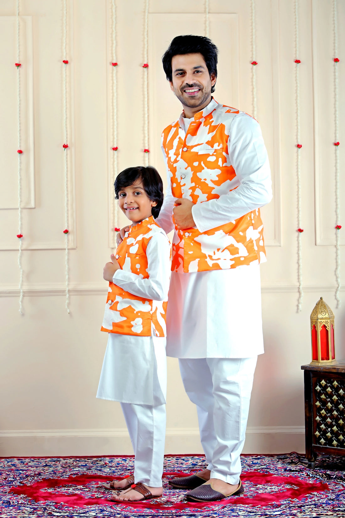 Elegant Orange and White Floral Jacket with White Kurta Pyjama ( Father & Son Twin Set )