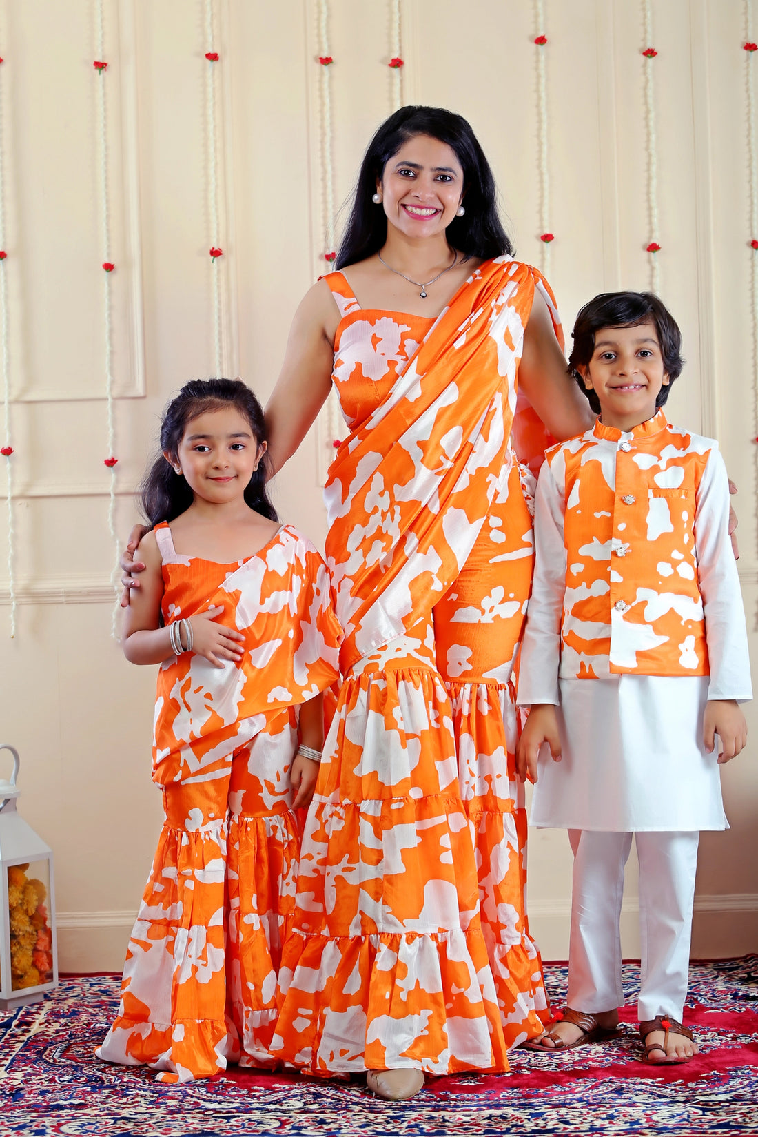 Elegant Orange and White Crop Top & Sharara with Attached Dupatta & Matching Kurta Pyjama and Jacket ( Family Twin Set )