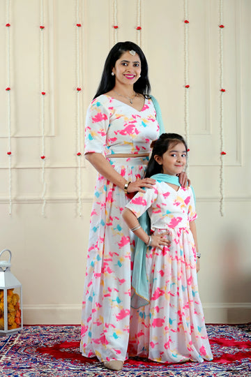 Shining White Multifloral Lehenga Crop Top and Dupatta (Mom & Daughter Twin Set )