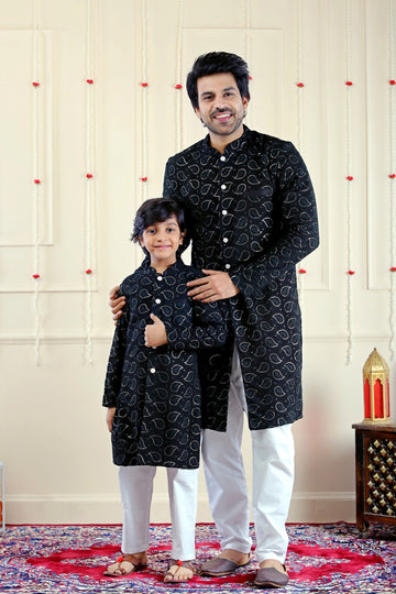 Matching Father Son Outfit: Black Sequins Kurta with White Pajama