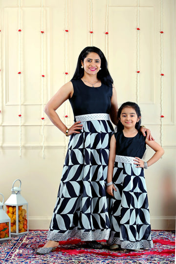 Black Sequins and White Checkered Gown for Mom and Daughter Matching Set