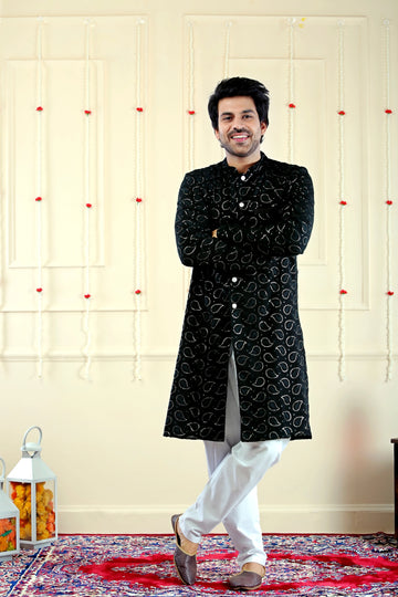 Men’s Traditional Black Sequins Kurta and White Pajama