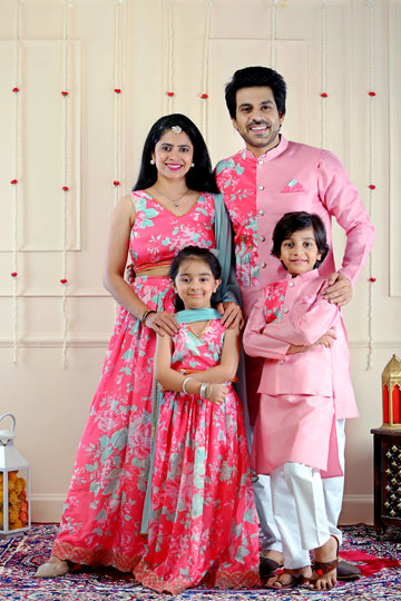 Pink and Blue Floral Lehenga Choli with Matching Kurta Pajama and Jacket Family Twin Set