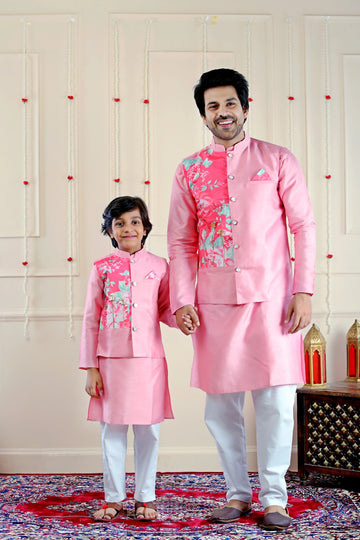 Pink and Blue Floral Jacket with Matching Kurta Pajama Father Son Twin Set