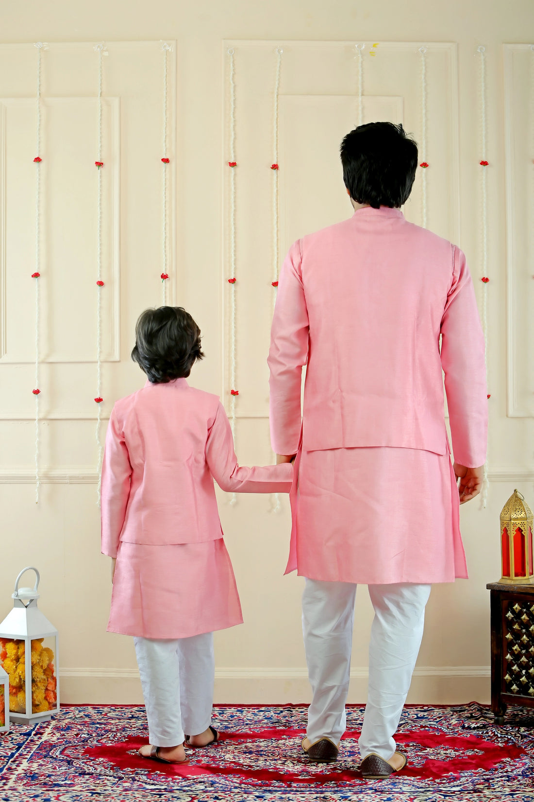 Pink and Blue Floral Jacket with Matching Kurta Pajama Father Son Twin Set