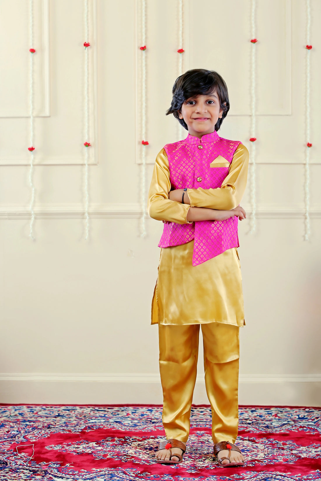 Fuschia Pink Lehenga Choli with Golden Kurta Pyjama and MAtching Pink Jacket ( Mom and Son Twin Set )