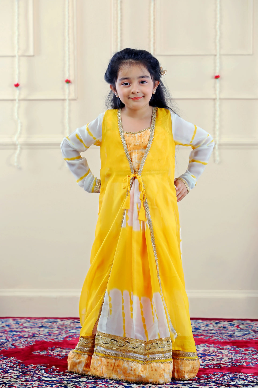 Yellow and White Shaded Crop Top with Lehenga and Over Coat ( Mom and Daughter Twin Set )