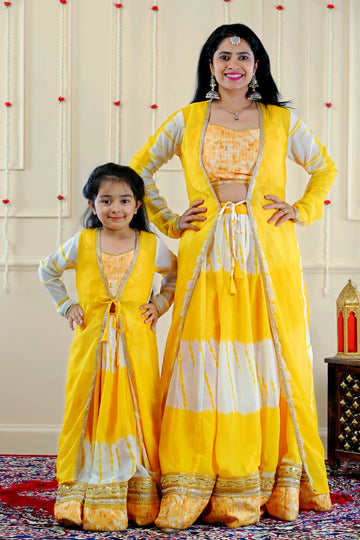 Yellow and White Shaded Crop Top with Lehenga and Over Coat ( Mom and Daughter Twin Set )