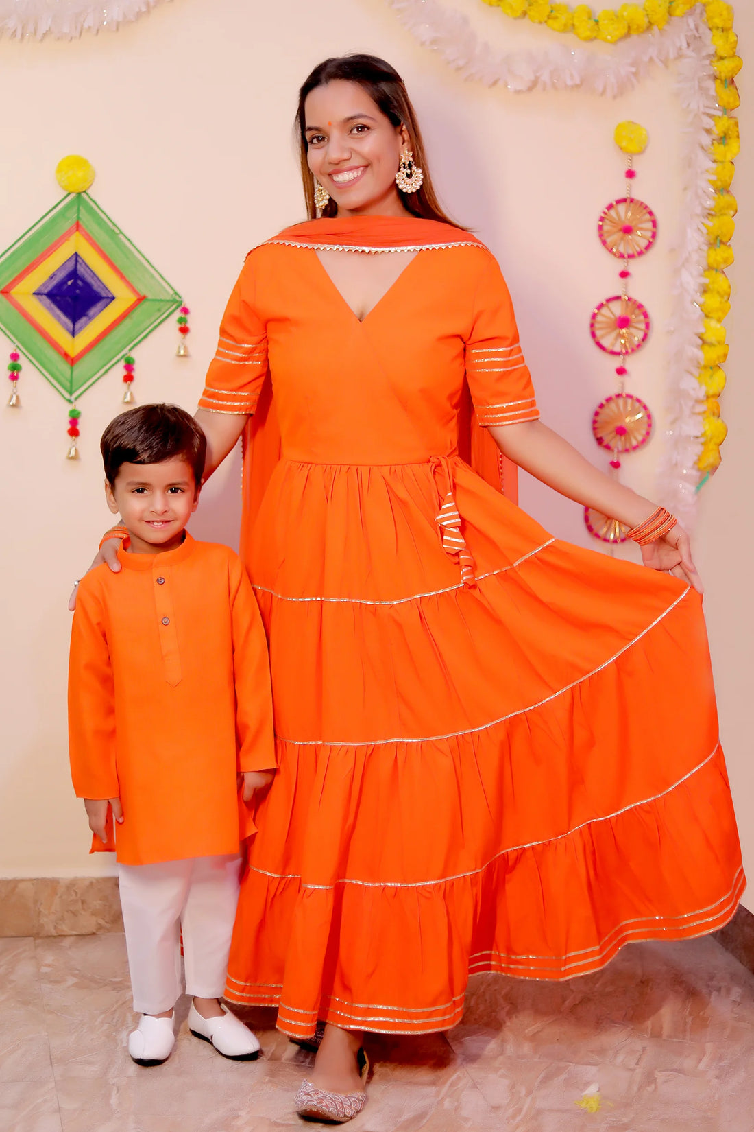 Orange Noor Angrakha Set With Matching Kurta Payjama Mother and Son Twin Set