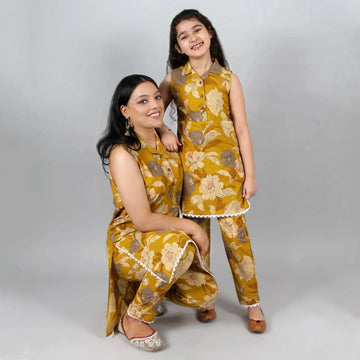 Mustard Floral Print Suit Set For Mom And Daughter