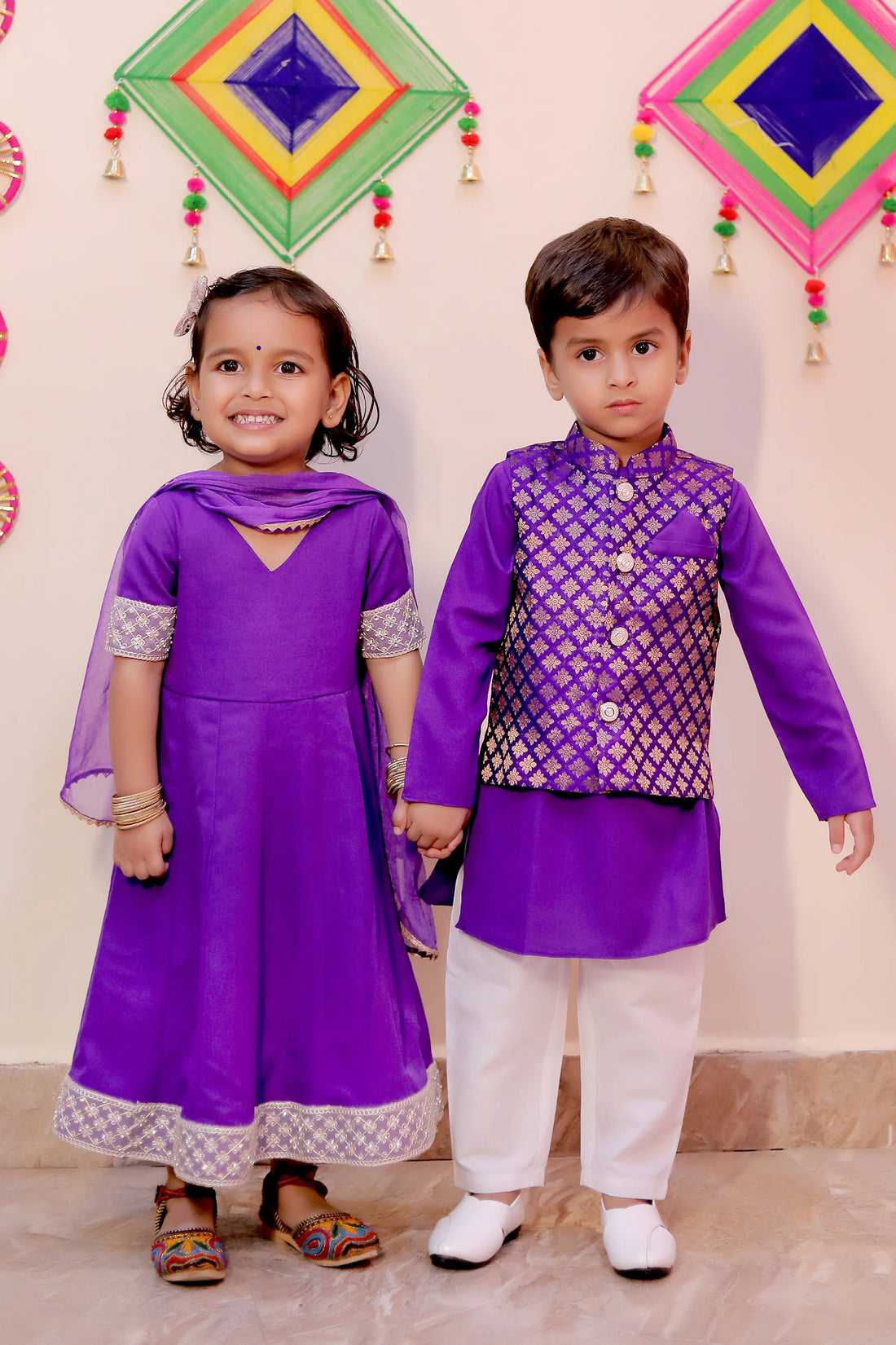 Purple Riza Anarkali Suit Set With Matching Kurta & Pyjama for Brother-Sister Duo