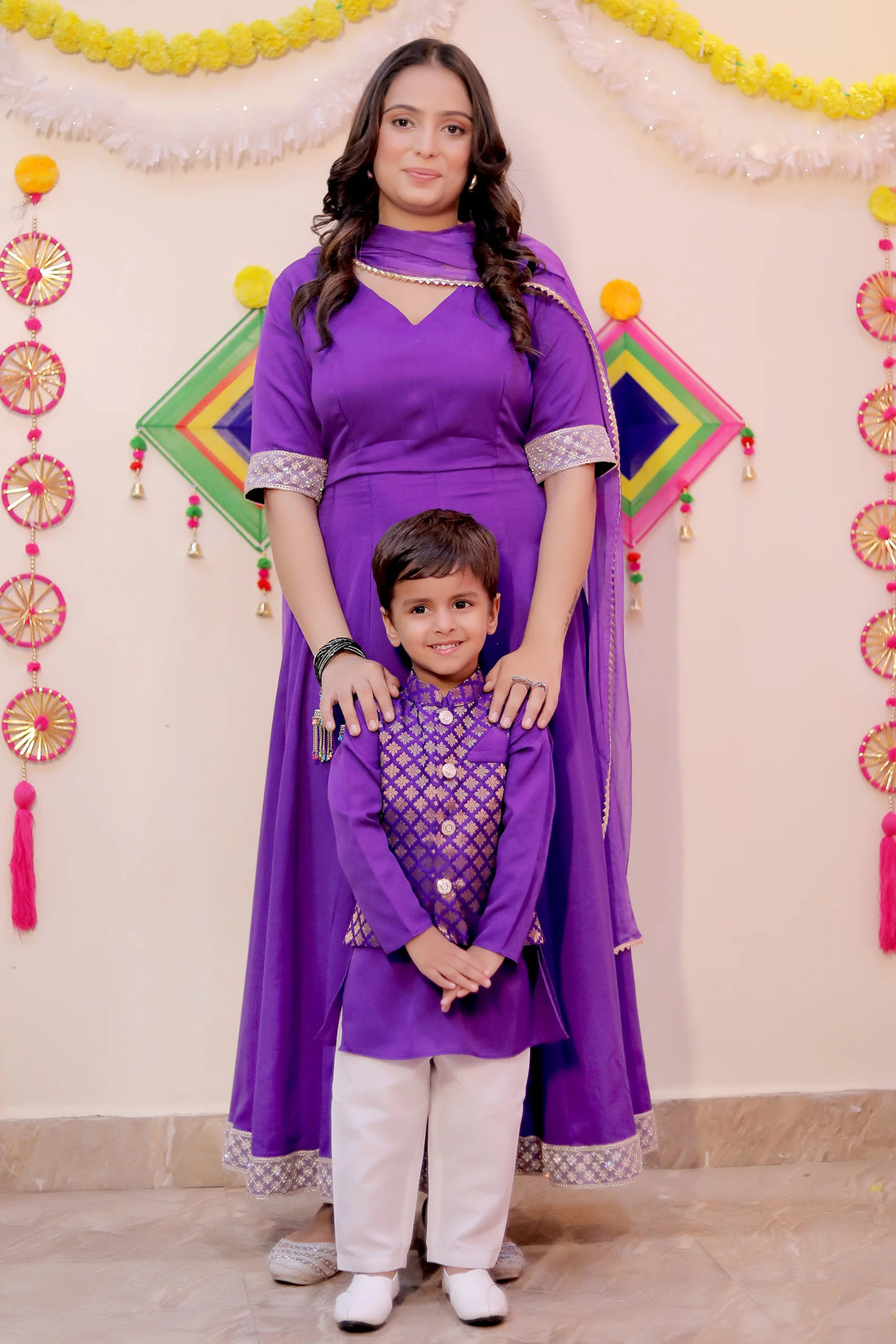 Purple Riza Anarkali Suit Set With Matching Kurta Payjama Mother and Son Twin Set