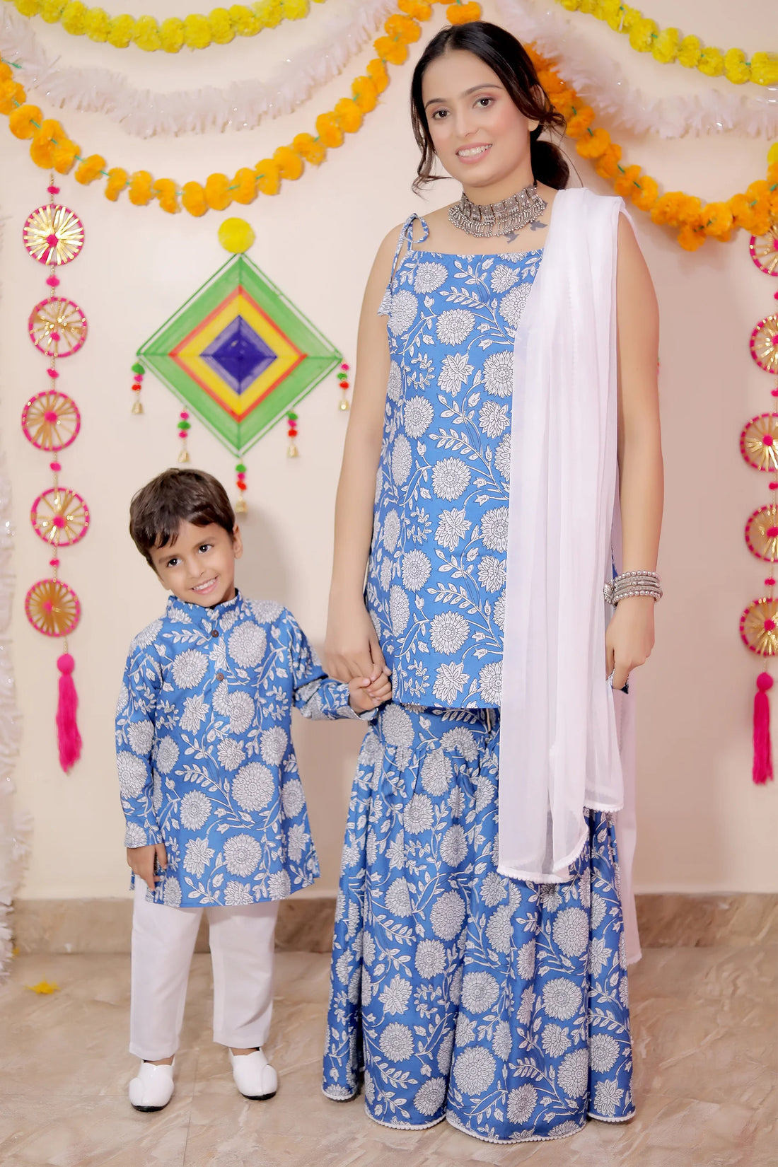 Blue Floral Cotton Suit Set With Matching Kurta Payjama Mother and Son Twin Set