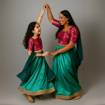 Rani Pink Brocade Blouse With Green Lehenga For  Mom And Daughter
