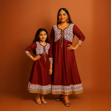 Maroon Ikkat Printed Aline Suit Set For Mom And Daughter