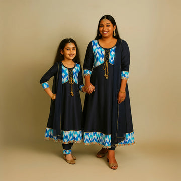 Navy & Blue Ikkat Printed Aline Suit Set For Mom And Daughter