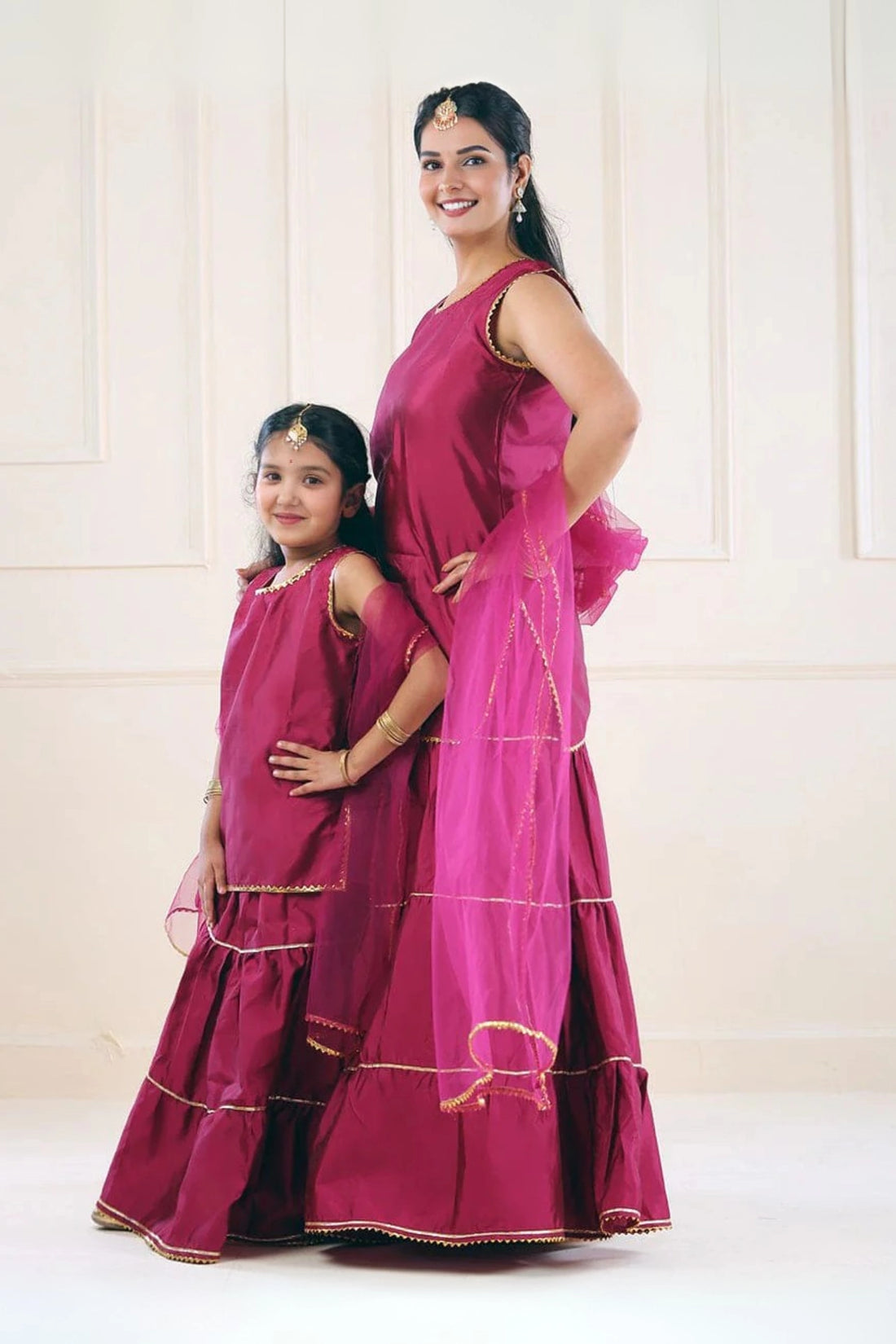 Wine Tiered Lehenga Kurta For Mom And Daughter Set