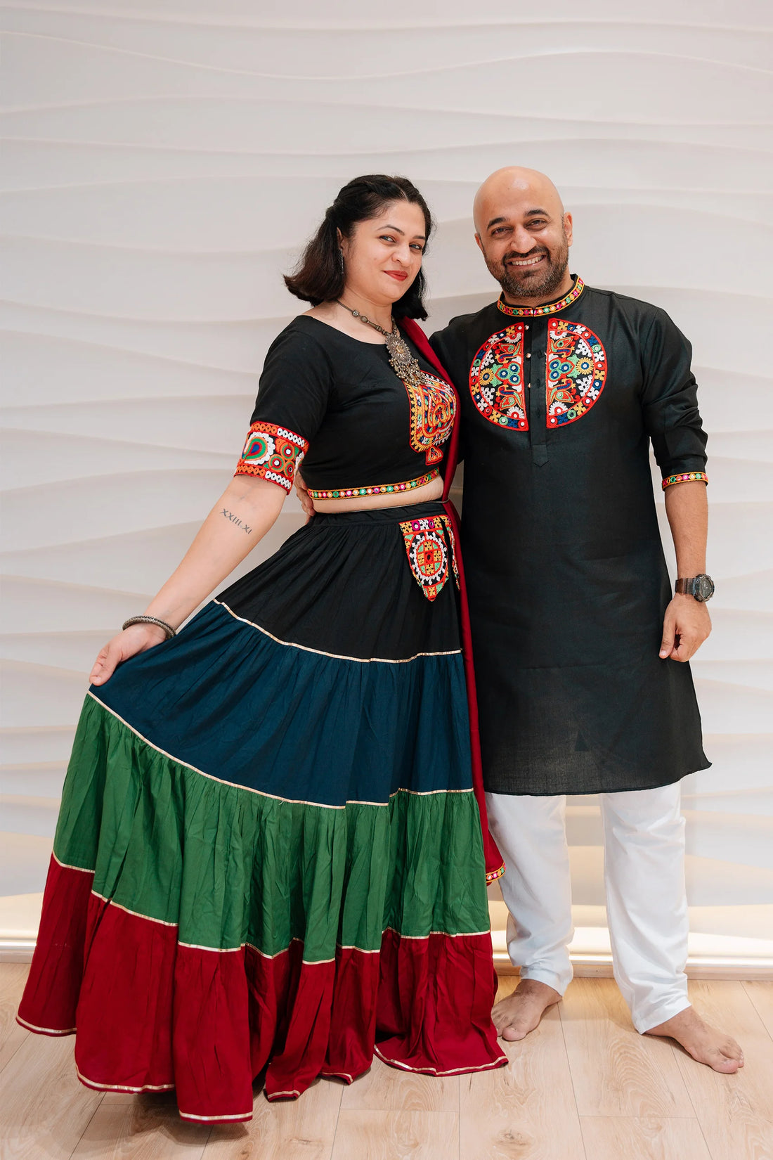 Ethnic Hand Embroidered Black And Multi Color Lehenga Choli With Matching Kurta Pyjama Couple Twin Set