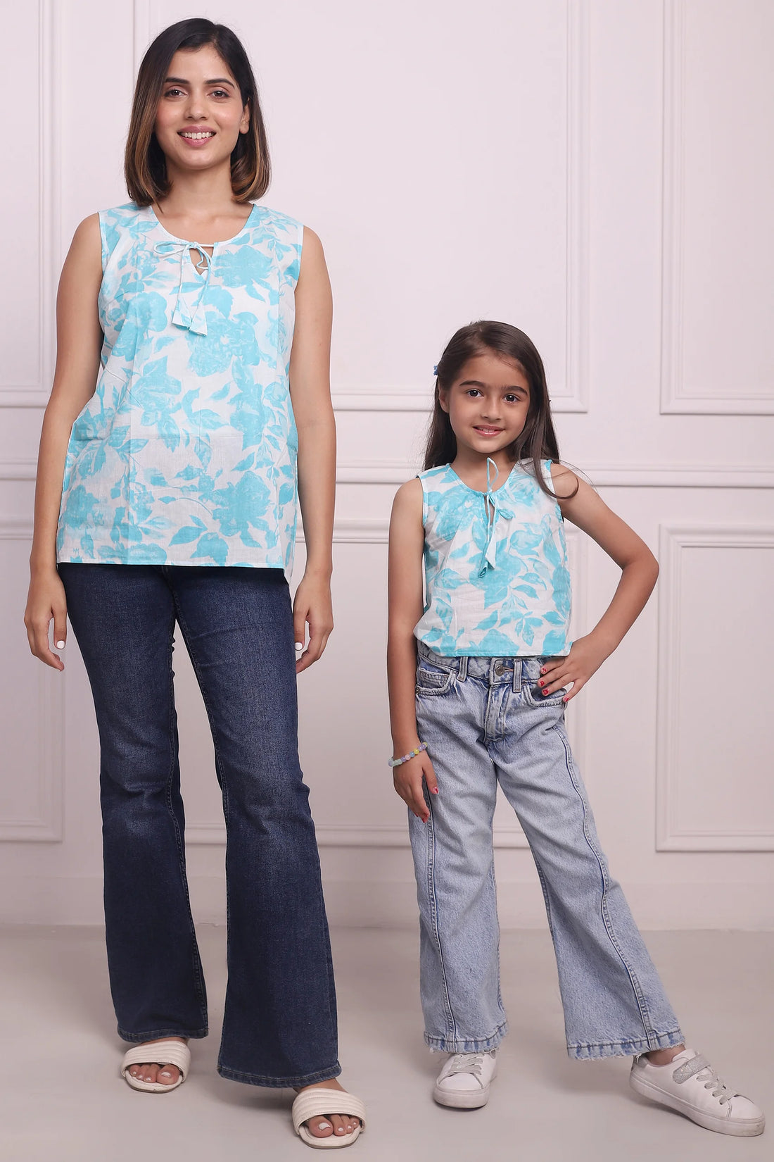 Blooming Blue Set: Cotton Floral Tops for Mom and Daughter