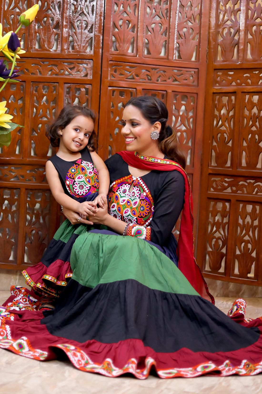 Ethnic Hand Embroidered Black And Multi Color Gown With Matching Dupatta Mom and Daughter Twin Set