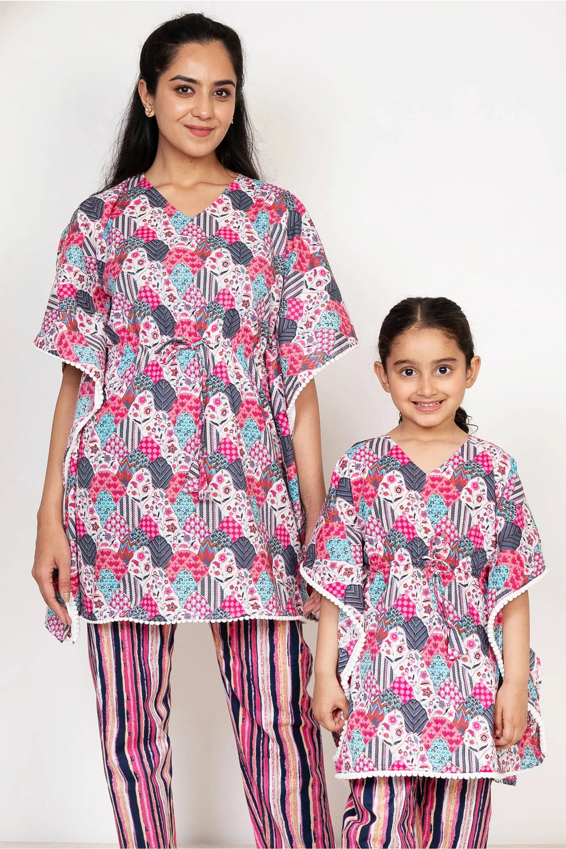 Pretty in Pink and Blue: Cotton Floral Kaftan with Pants Set for Mom & Daughter - Summer Matching Outfits