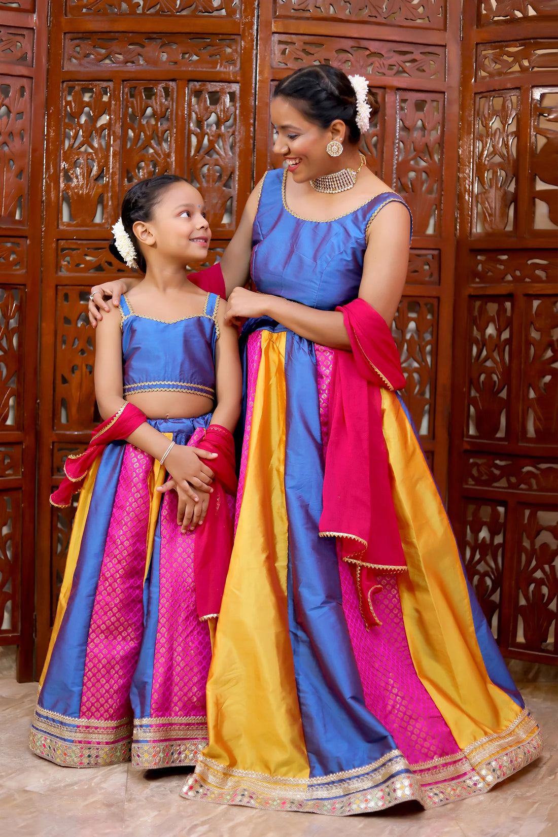 Traditional Blue and Multicolor Lehenga With Choli Set With Matching Dupatta Mom and Daughter Twin Set