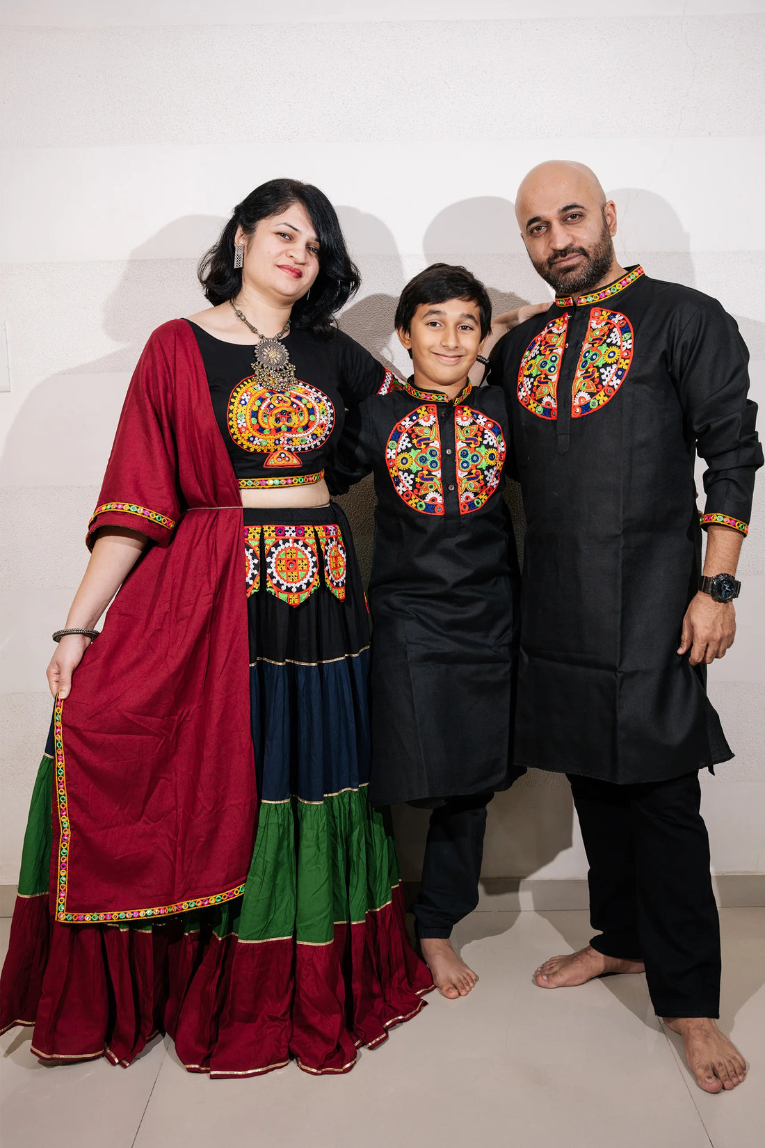 Ethnic Hand Embroidered Black And Multi Color Lehenga Choli With Matching Kurta Pyjama Family Twin Set