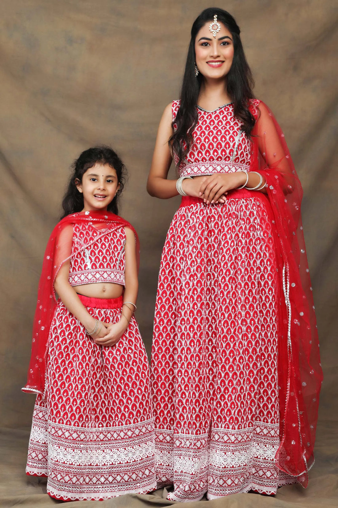 Fuchsia And White Thread work Embroidered Ethnic Mom and Daughter Twin Set