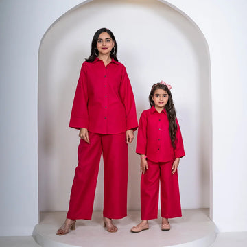 Summer Holiday Must-Have: Fuchsia Pink Cotton Matching Outfits for Mom and Daughter Shirt with Pant Co-Ord Set
