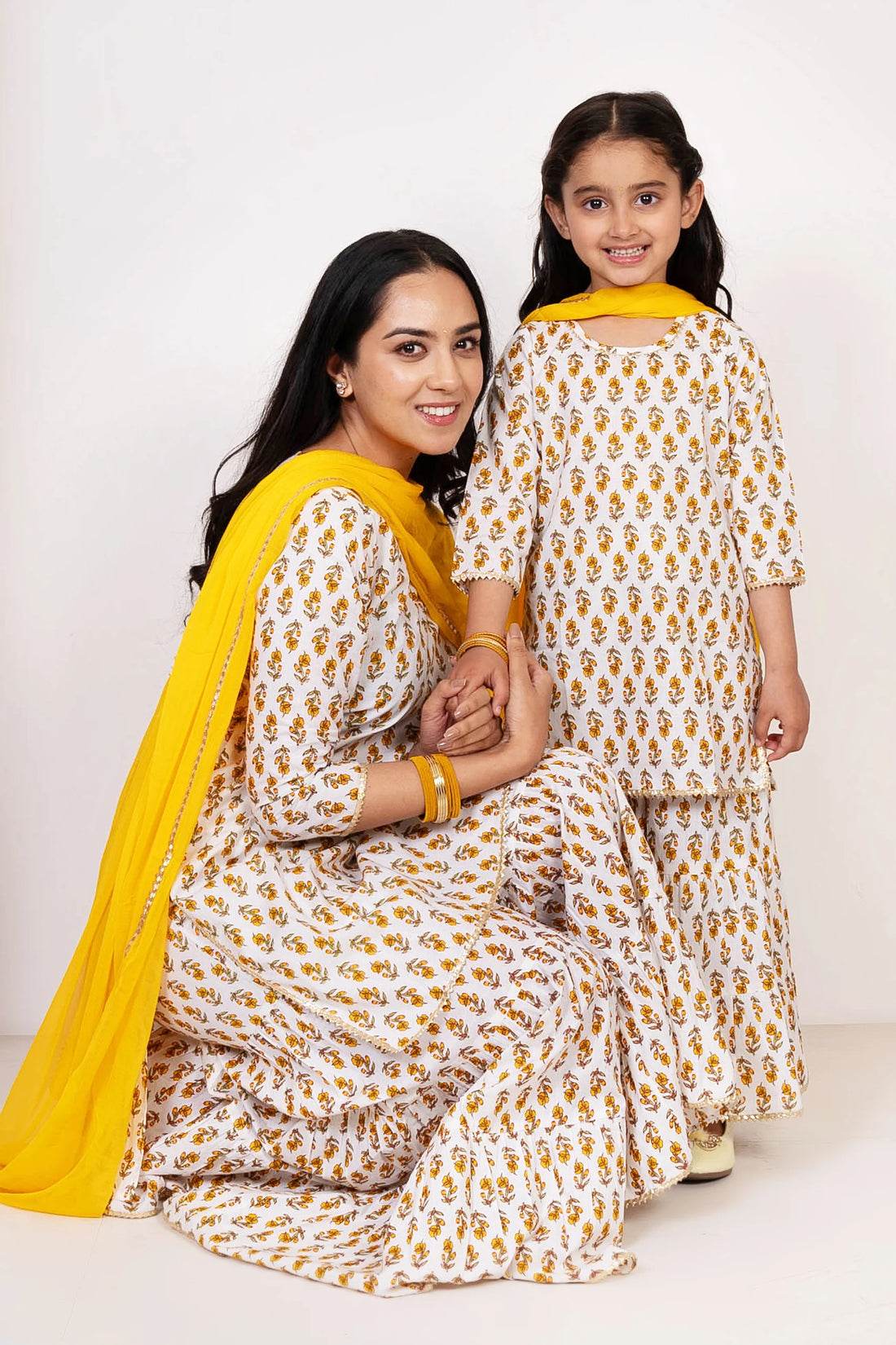 Cream and Yellow Printed Sharara with Kurta and Dupatta ( Mom and Daughter Twin Set )