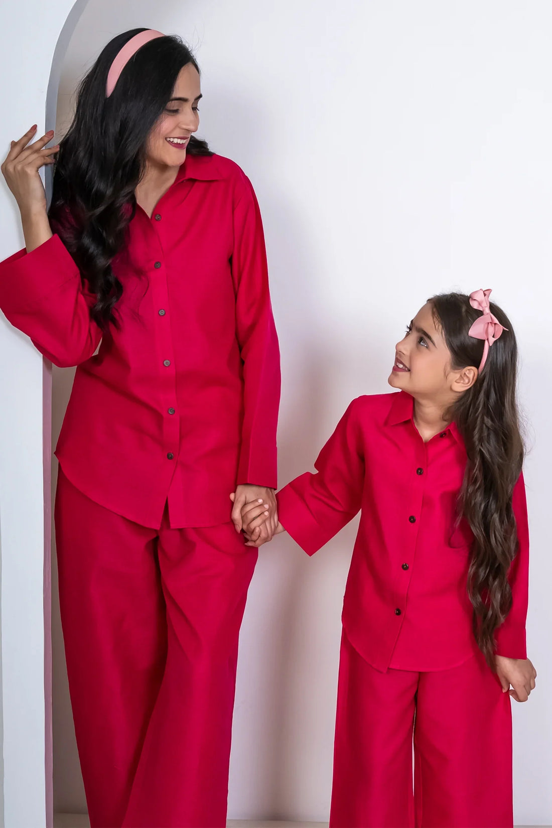 Fuchsia Pink Cotton Mommy & Me Matching Outfit Set: Shirt & Pants Co-Ord