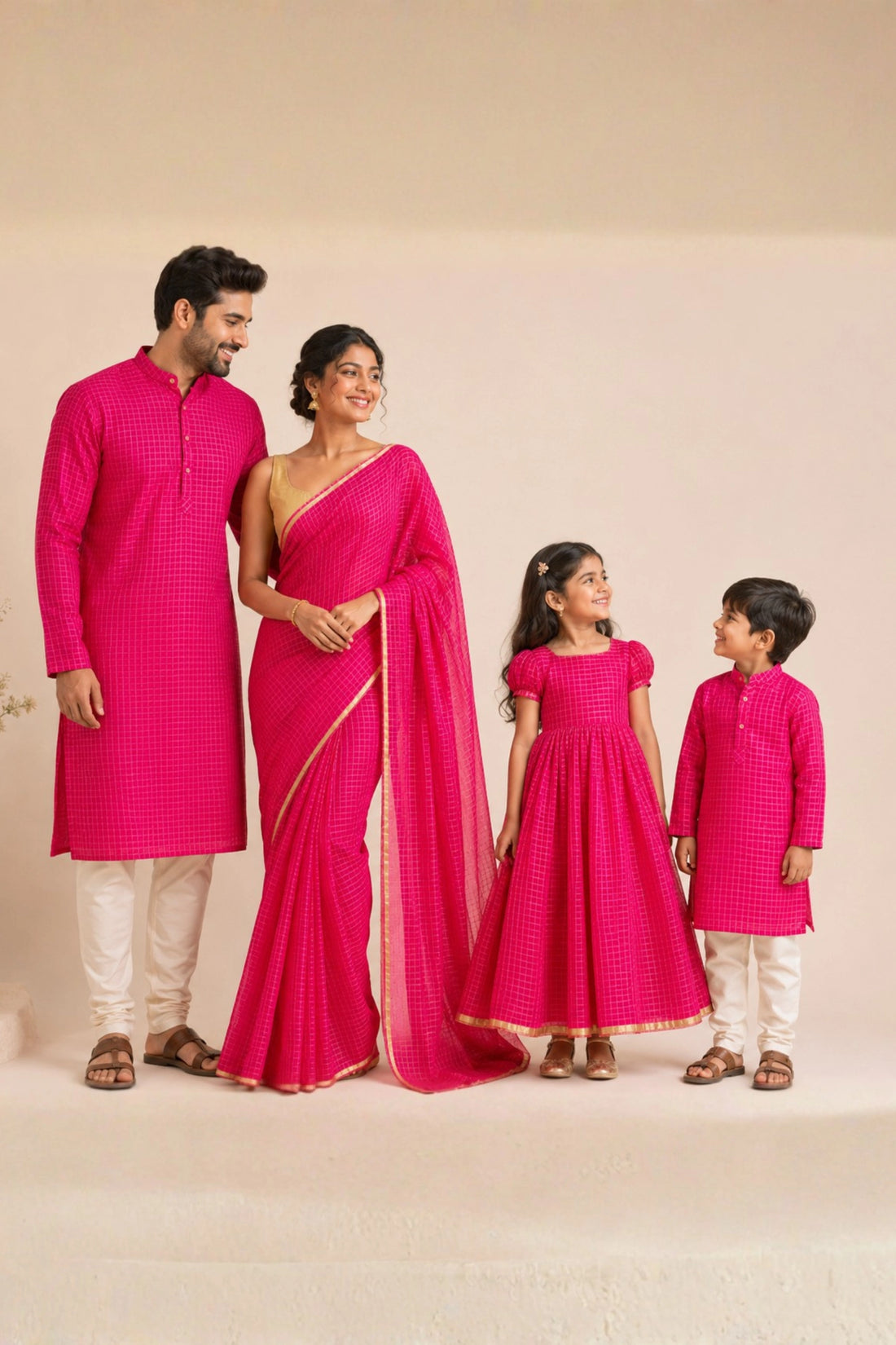 Pink Zari Checks Family Set