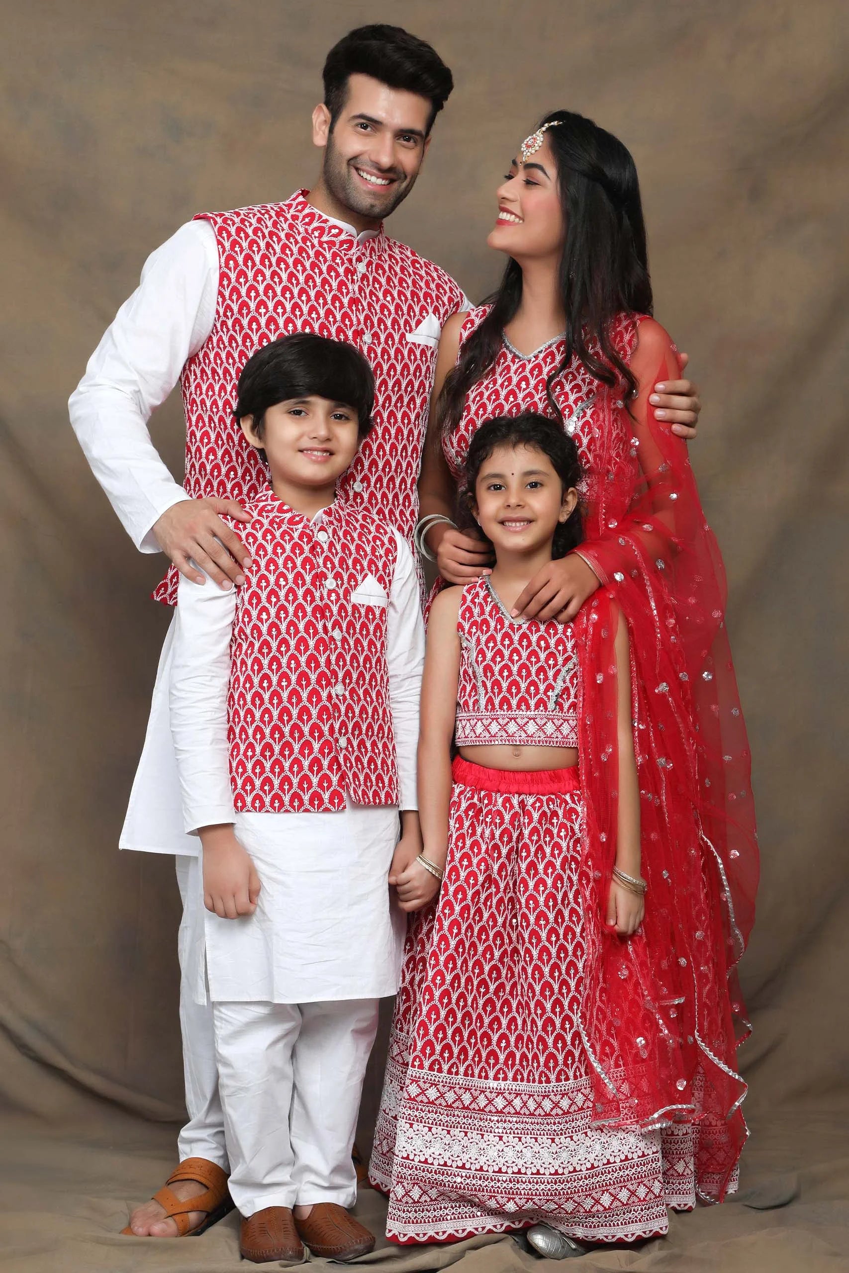 Ethnic Family Matching Set Fuchsia And White Thread Work Embroidery