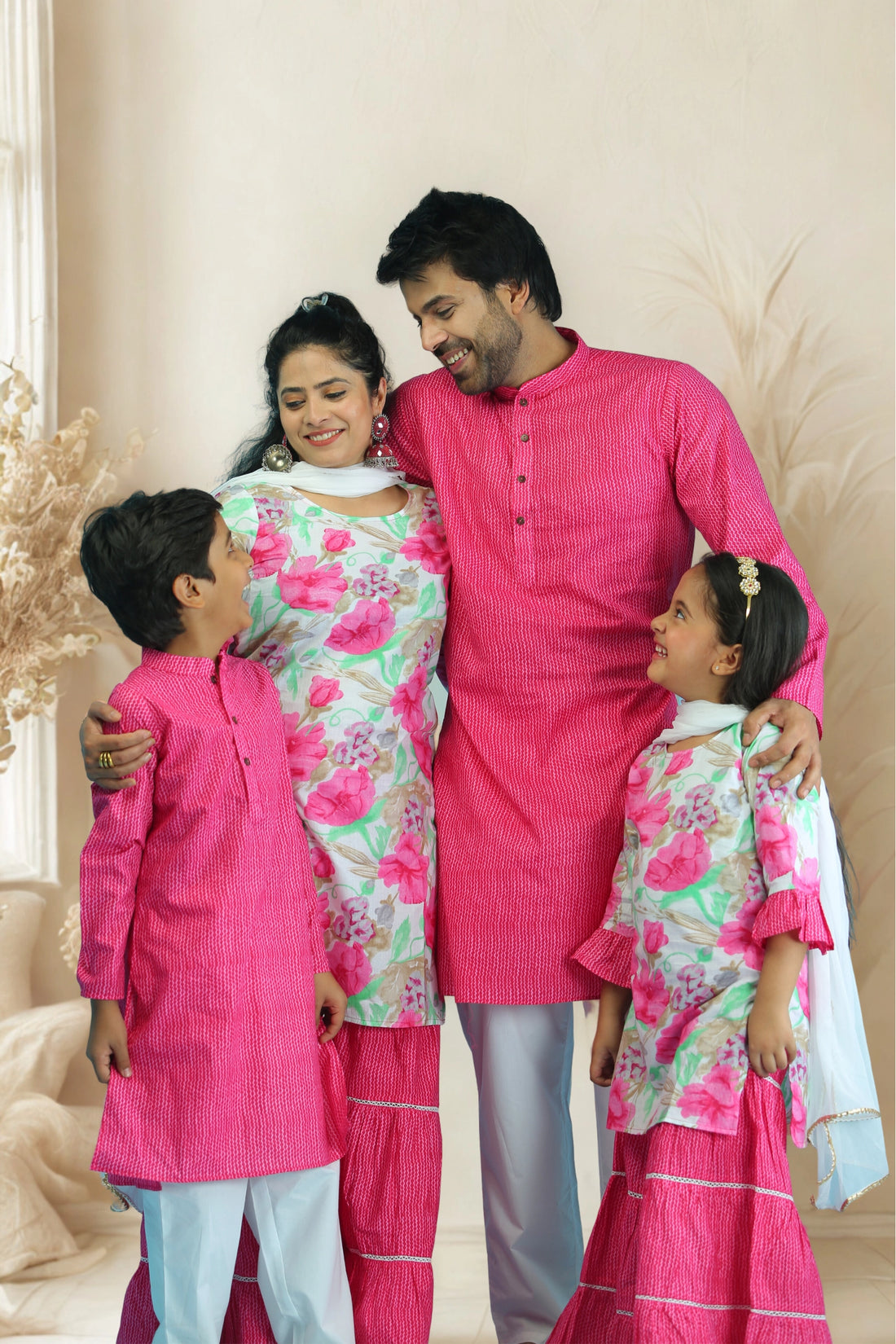 Fuchsia floral Sharar Suit Set  with Matching Kurta Pajama Family Twin Set