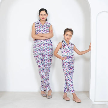 Ikkat Multicolored Jumpsuit Duo: Matching Outfits for Mom and Daughter, Perfect for Vacation