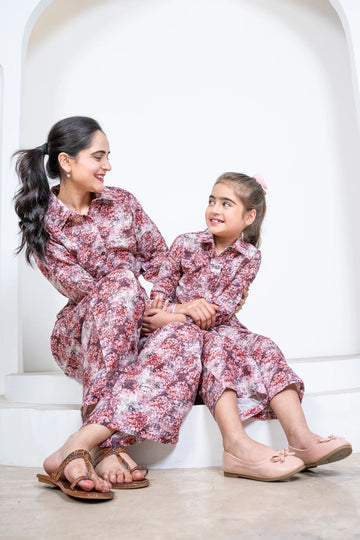 Wine Floral Pant with Shirt Co - Ord Set for Mom and Daughter