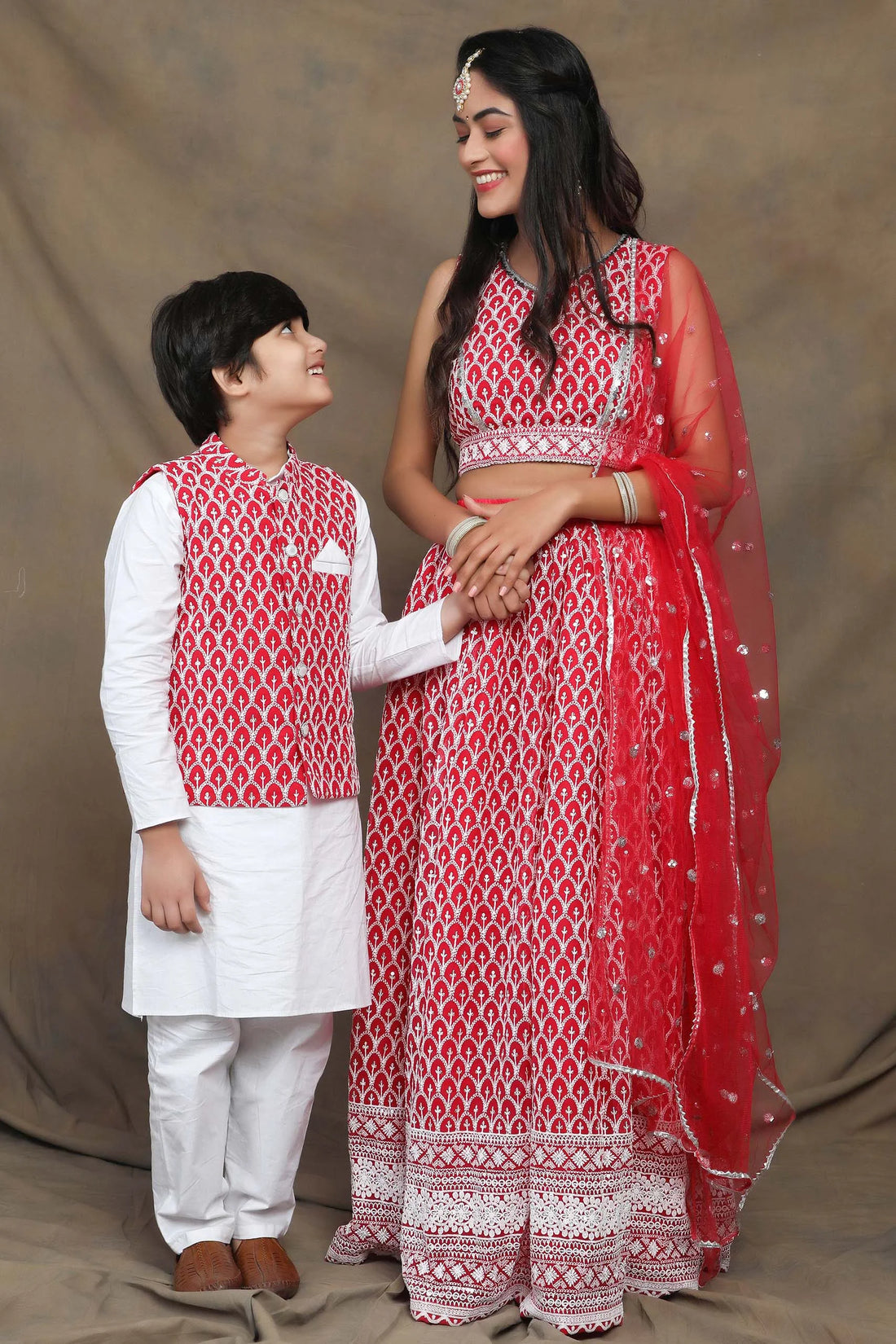 Fuchsia and White Threadwork: A Striking Pair for Mom and Son