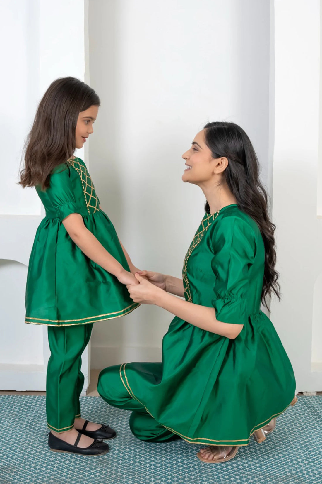 Refreshing Green and Golden Peplum Kurta with Pants ( Mom and Daughter Twin Set )