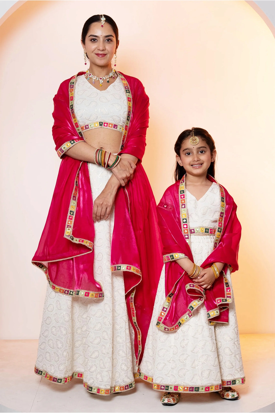 Sparkling White Emroidered Lehenga Choli with Pink Dupatta ( Mom and Daughter Twin Set )