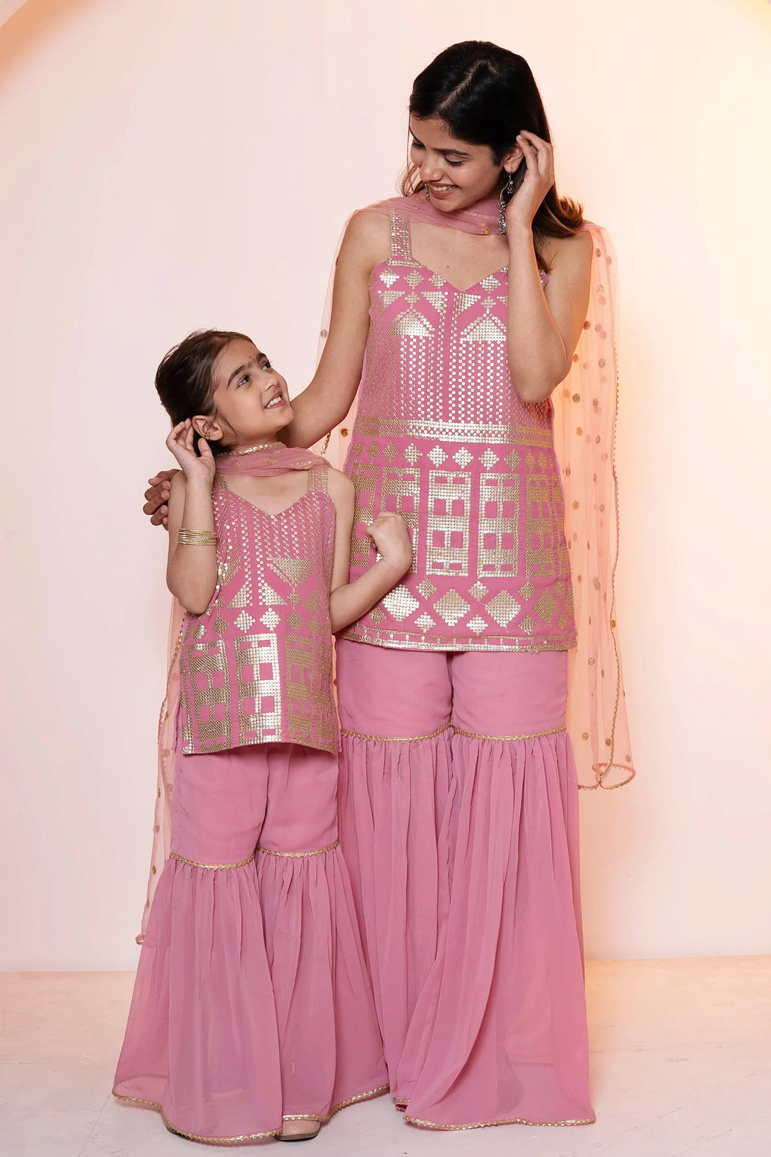 Stylish Rouge and Golden Sharara Suit  ( Mom and Daughter Twin Set )