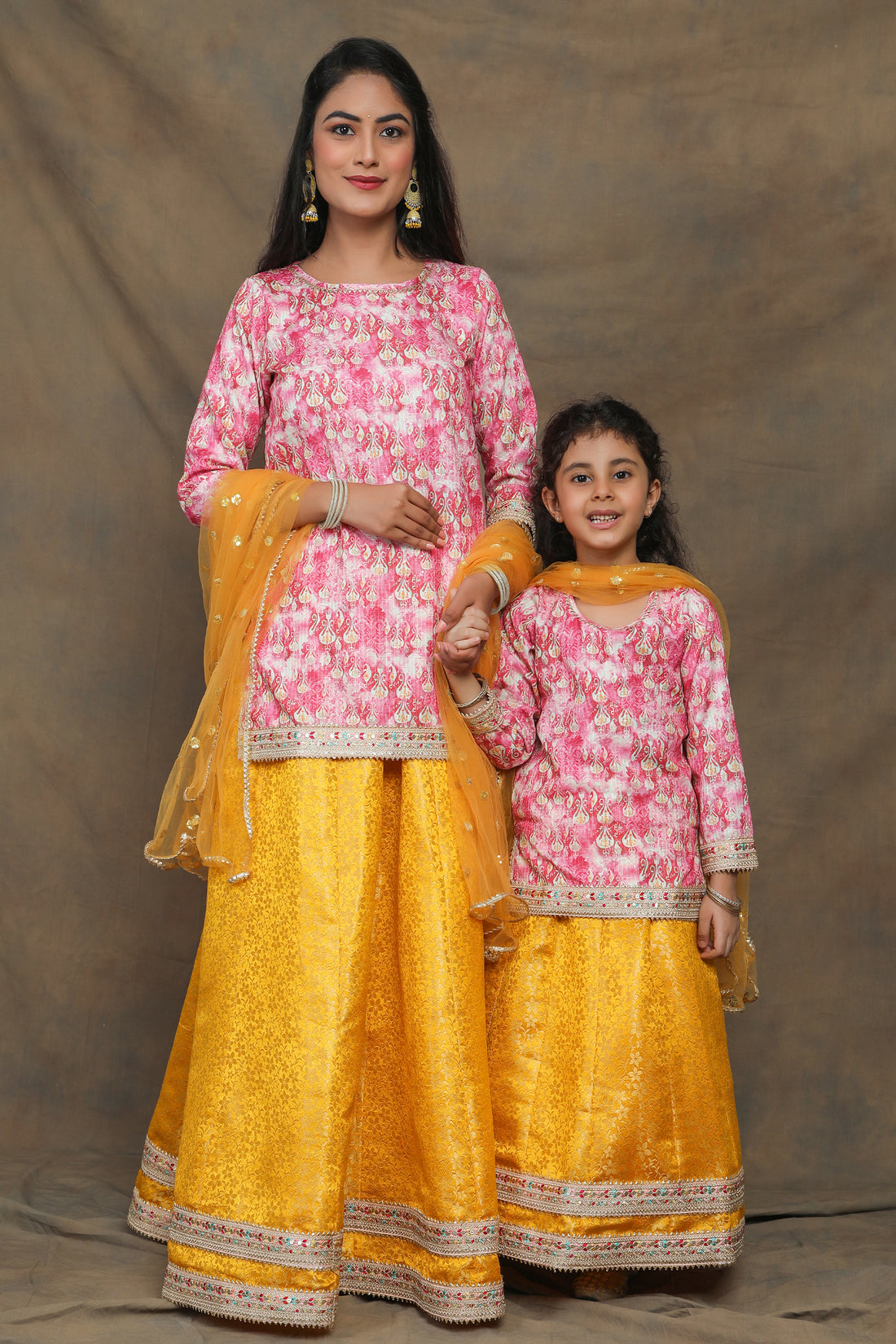 Sunny Yellow and Fuchsia floral Brocade Mother and Daughter Twin Set